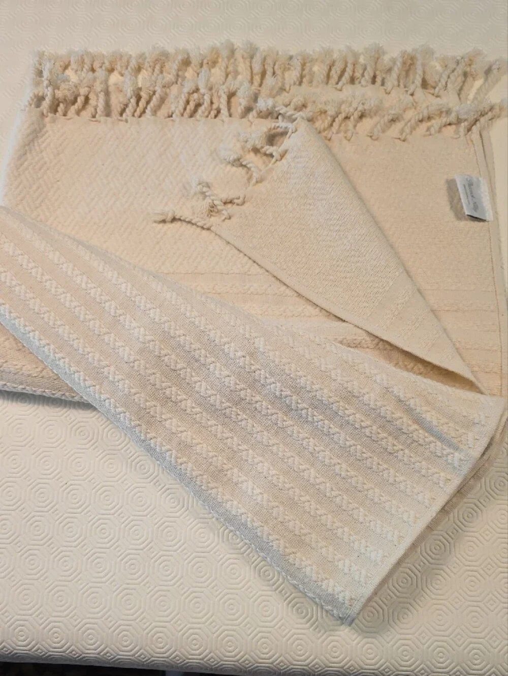 Peacock Alley Soft Cream Woven Throw Blanket with Fringe 38x62
